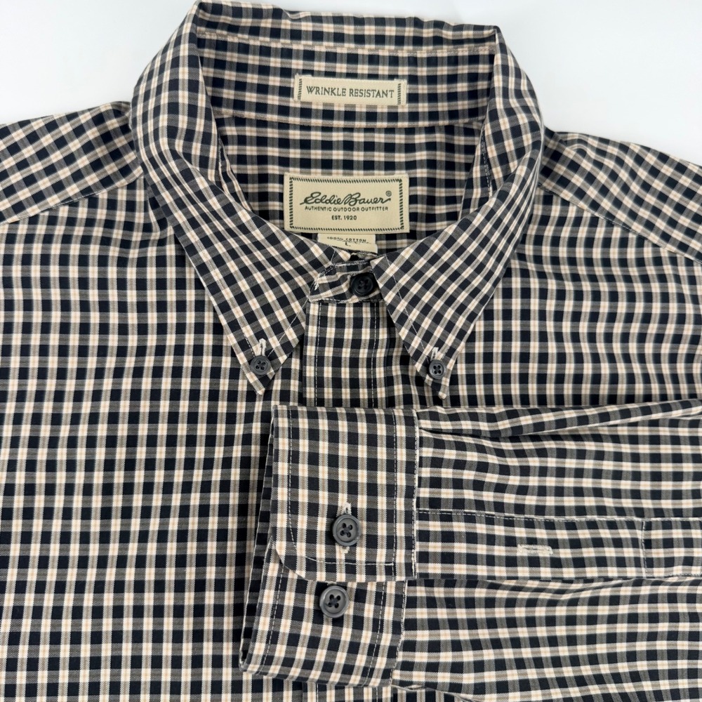 Eddie Bauer Mens Large Tall Wrinkle Resistant Gingham Button Down Shirt Navy Tan